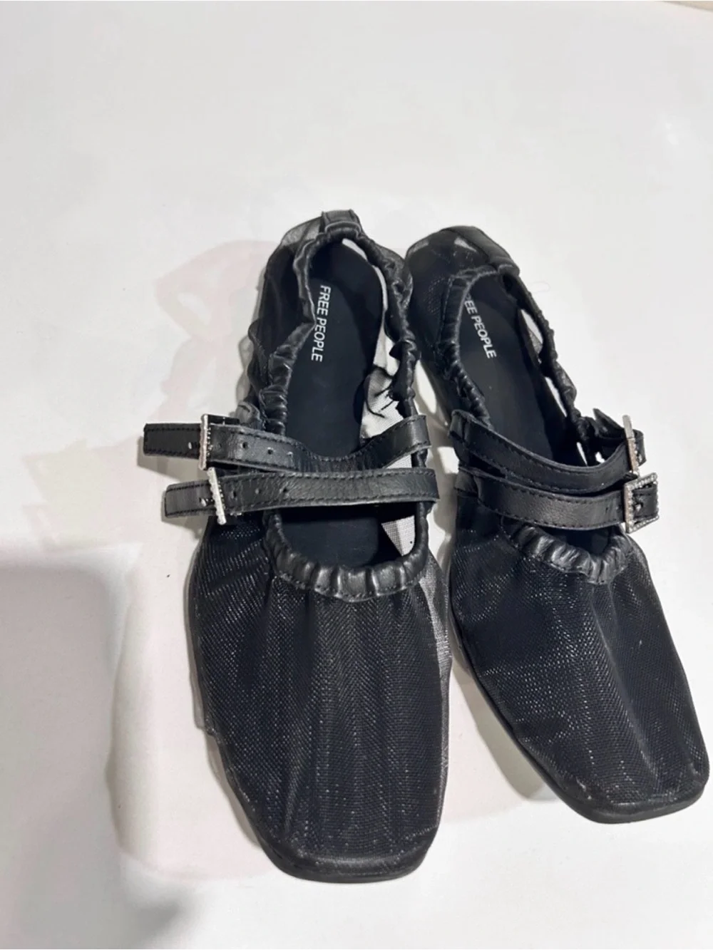 Free people Black Square-Toe Mary Jane Flats with Crystal Buckle Straps